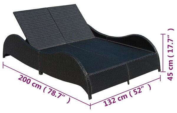 Fekete kétszemélyes polyrattan napozóágy párnával