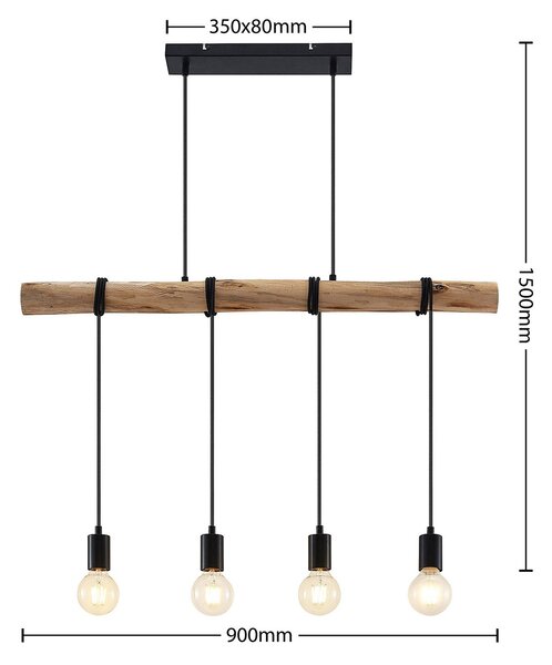 Lindby függőlámpa Ferris, 4 lámpás, 90cm, fa, E27, dimmelhető, Világos fa, Nappali / Étkező, fém, Vintage