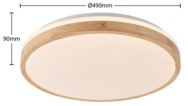 Lindby LED mennyezeti lámpa Emiva, Ø 49 cm, CCT, fa, dimmelhető, Világos fa, Nappali / Étkező, Fa, Modern
