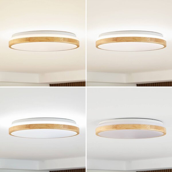 Lindby LED mennyezeti lámpa Emiva, Ø 49 cm, CCT, fa, dimmelhető, Világos fa, Nappali / Étkező, Fa, Modern