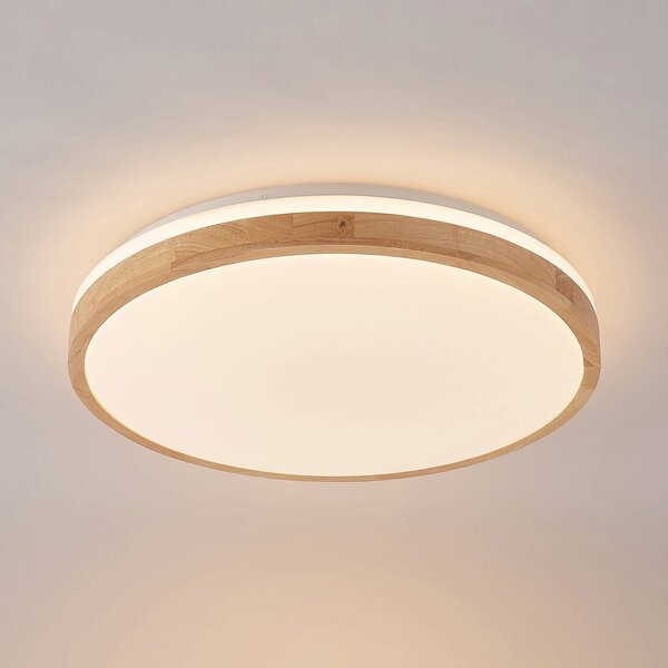 Lindby LED mennyezeti lámpa Emiva, Ø 49 cm, CCT, fa, dimmelhető, Világos fa, Nappali / Étkező, Fa, Modern