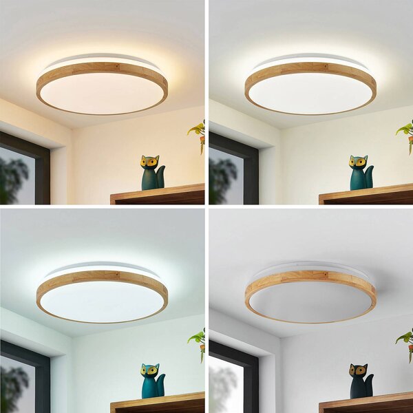 Lindby LED mennyezeti lámpa Emiva, Ø 49 cm, CCT, fa, dimmelhető, Világos fa, Nappali / Étkező, Fa, Modern