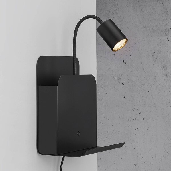 Nordlux Romi fali lámpa polccal és USB-vel, fekete, Fekete, Hálószoba, fém, Modern