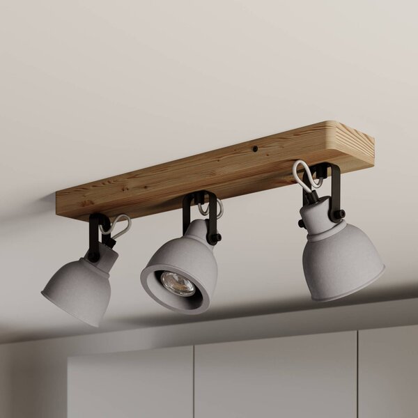 Lindby Spot Mitis, 50 cm, 3-lámpás, szürke, fa, beton, GU10, dimmelhető, Világos fa, Nappali / Étkező, Beton, Indusztriális dizájn