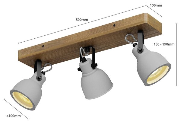 Lindby Spot Mitis, 50 cm, 3-lámpás, szürke, fa, beton, GU10, dimmelhető, Világos fa, Nappali / Étkező, Beton, Indusztriális dizájn