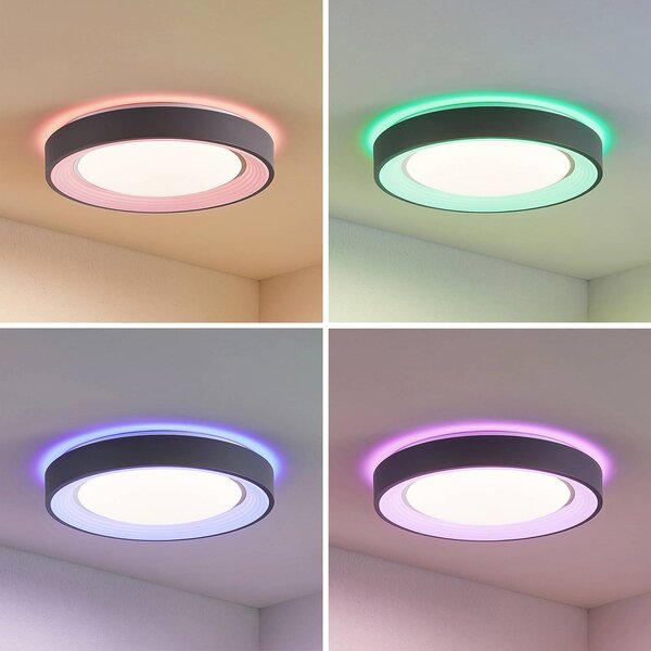 Lindby LED mennyezeti lámpa Lindum, RGB, CCT, távirányítóval, dimmelhető, dimmelhető, Alu / szürke / cink, Nappali / Étkező, fém, Modern