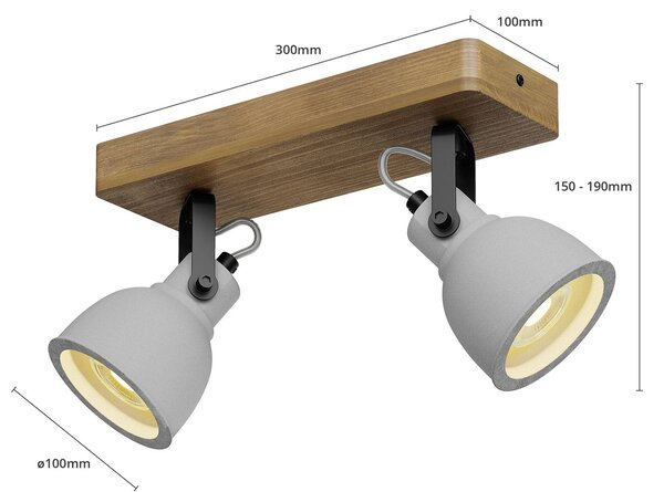 Lindby Spot Mitis, 30 cm, 2-lámpás, szürke, fa, beton, GU10, dimmelhető, Sötét fa, Nappali / Étkező, Beton, Indusztriális dizájn