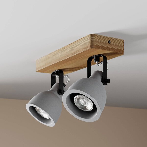 Lindby Spot Mitis, 30 cm, 2-lámpás, szürke, fa, beton, GU10, dimmelhető, Sötét fa, Nappali / Étkező, Beton, Indusztriális dizájn
