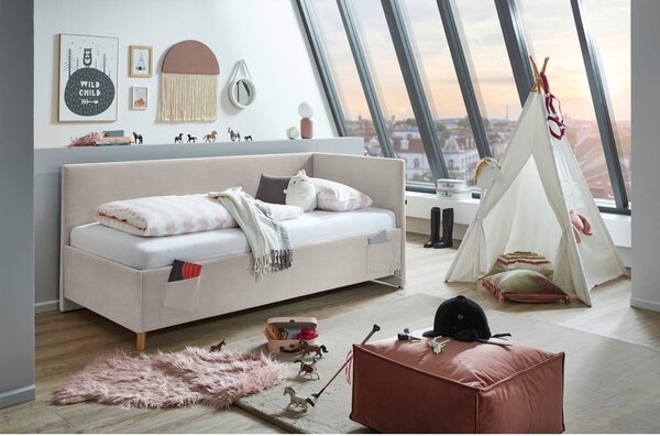 Bézs kárpitozott ágyneműtartós sarok gyerekágy ágyráccsal 90x200 cm Cool – Meise Möbel