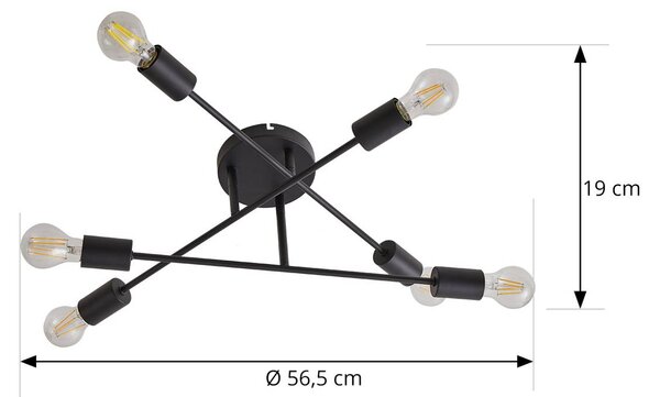 Lindby Estar mennyezeti lámpa, fekete, fém, 6 lámpás, Ø56cm, dimmelhető, Fekete, Nappali / Étkező, fém, Vintage