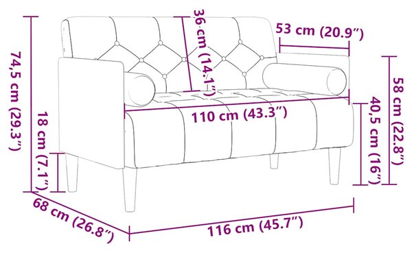 Fekete bársony loveseat kanapé párnákkal 110 cm