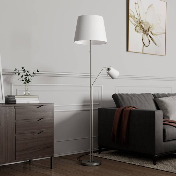 Lindby állólámpa Nantwin, 175 cm, fehér, nikkel, textil, Fehér / opál, Nappali / Étkező, Textil / szövet / selyem, Modern