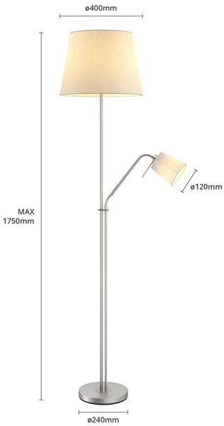Lindby állólámpa Nantwin, 175 cm, fehér, nikkel, textil, Fehér / opál, Nappali / Étkező, Textil / szövet / selyem, Modern