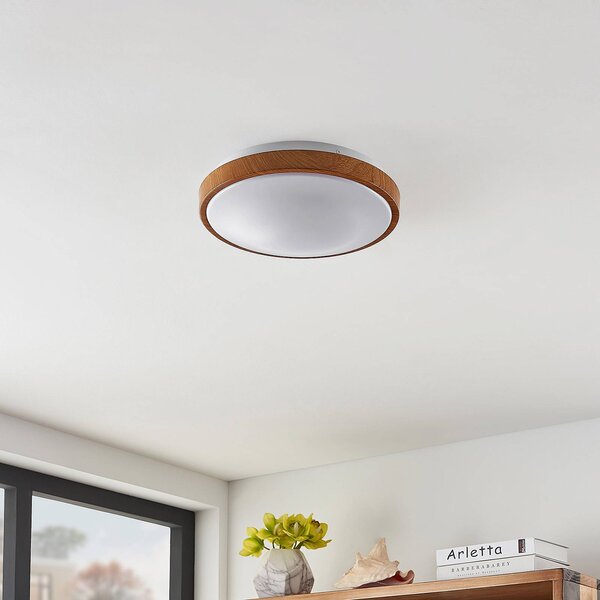 Lindby LED mennyezeti lámpa Mendosa, kerek, világos fa, Ø 29cm, Világos fa, Nappali / Étkező, Műanyag, Modern