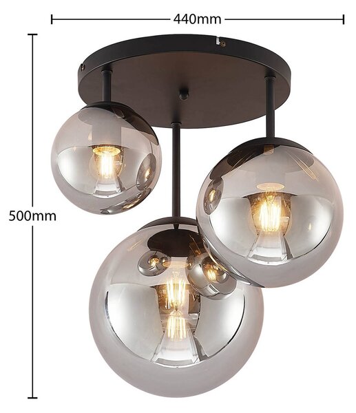 Lindby mennyezeti lámpa Teeja, füst, 3 lámpás, Ø47cm, üveg, E27, dimmelhető, Fekete, Nappali / Étkező, Üveg, Modern
