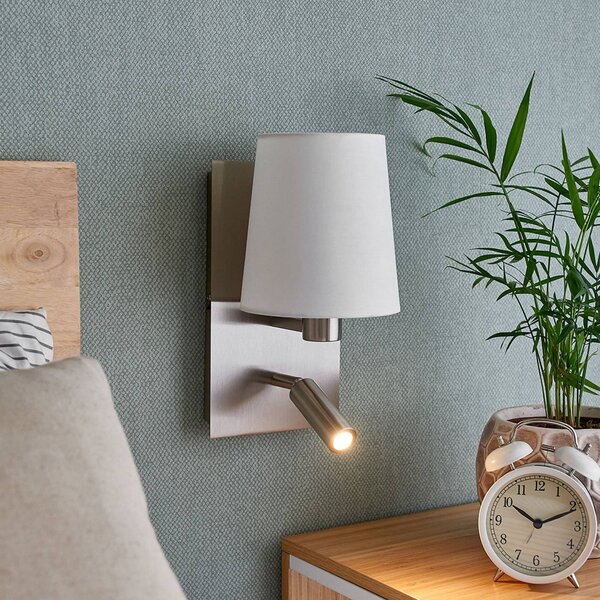 Lindby fali lámpa Aiden, fehér, nikkel, LED-es olvasólámpa, Alu / szürke / cink, Nappali / Étkező, Textil / szövet / selyem, Modern