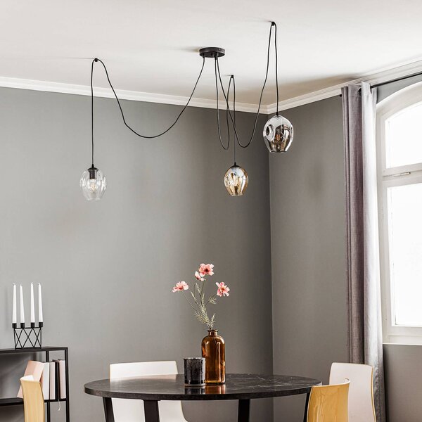 EMIBIG LIGHTING Starla függő lámpa, üveg grafit/borostyán/tiszta, 3 izzós, decentralizált, dimmelhető, Fekete, Nappali / Étkező, Üveg, Modern