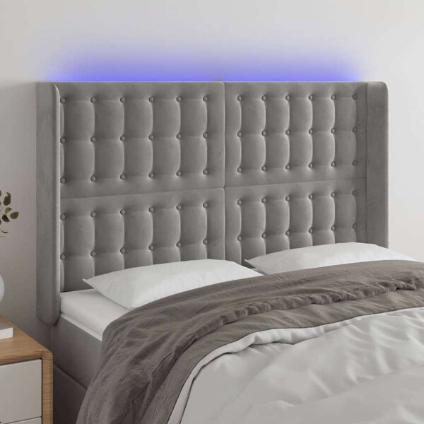 Világosszürke bársony led-es fejtámla 147x16x118/128 cm