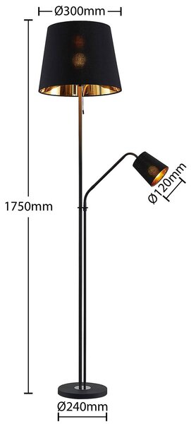 Lindby Efalia állólámpa, fekete/arany, textil, olvasólámpa, olvasólámpa, Fekete, Nappali / Étkező, fém, Modern