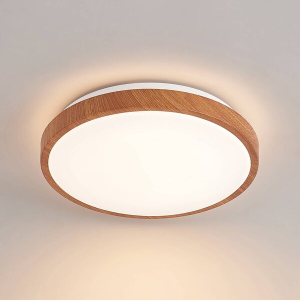 Lindby LED mennyezeti világítás Mynte, Ø30cm, faoptika, műanyag, Világos fa, Nappali / Étkező, Műanyag, Modern