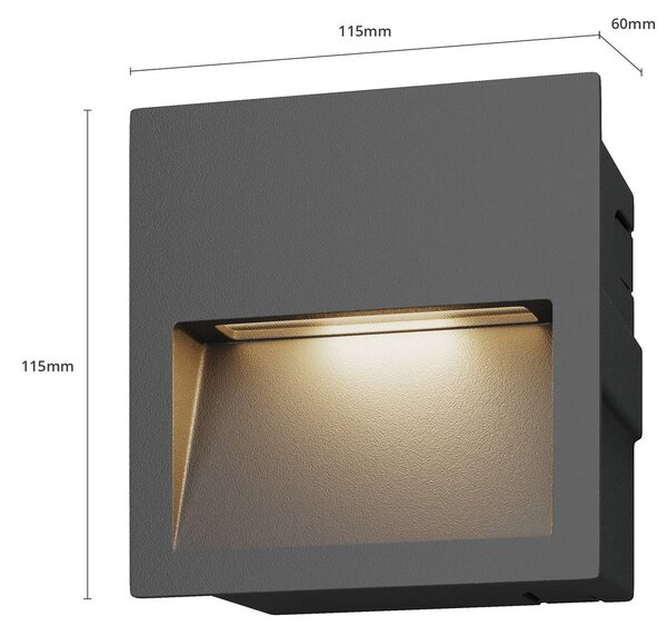 Lucande LED beépíthető fali lámpa Loya, 11,5x11,5 cm, szürke, IP54, Fekete, Alumínium, Modern