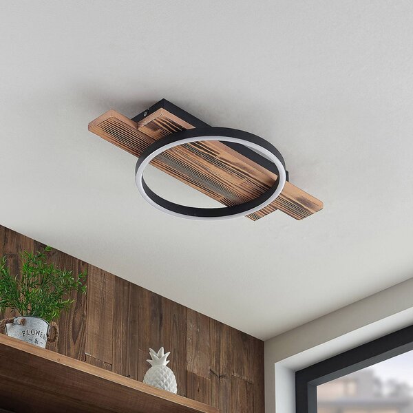 Lindby LED mennyezeti lámpa Sentoa, fa, 52,8 cm hosszú, 3.000 K, dimmelhető, Világos fa, Nappali / Étkező, Fa, Modern