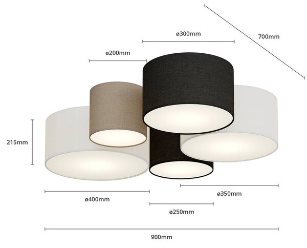 Trio Lighting mennyezeti lámpa Hotel öt textil ernyővel, dimmelhető, Nappali / Étkező, Textil / szövet / selyem, Modern