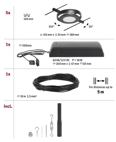 Paulmann Wire RoundMac LED kábelrendszer 5 izzós, fekete, Fekete, Folyosó, fém, Modern