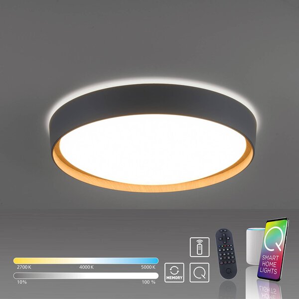 Q-Smart-Home Paul Neuhaus Q-EMILIA LED mennyezeti világítás, szürke/fa, dimmelhető, Alu / szürke / cink, Nappali / Étkező, fém