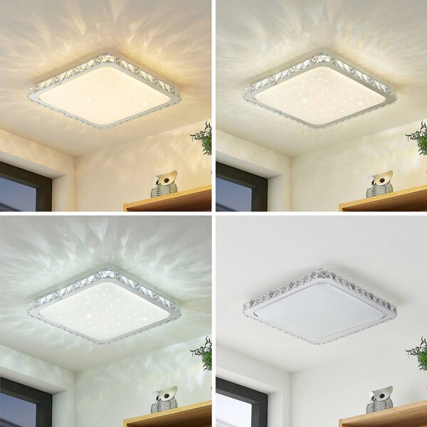 Lindby LED mennyezeti lámpa Lorand, kristályok, CCT, távirányító, dimmelhető, Fehér / opál, Nappali / Étkező, Műanyag, Modern
