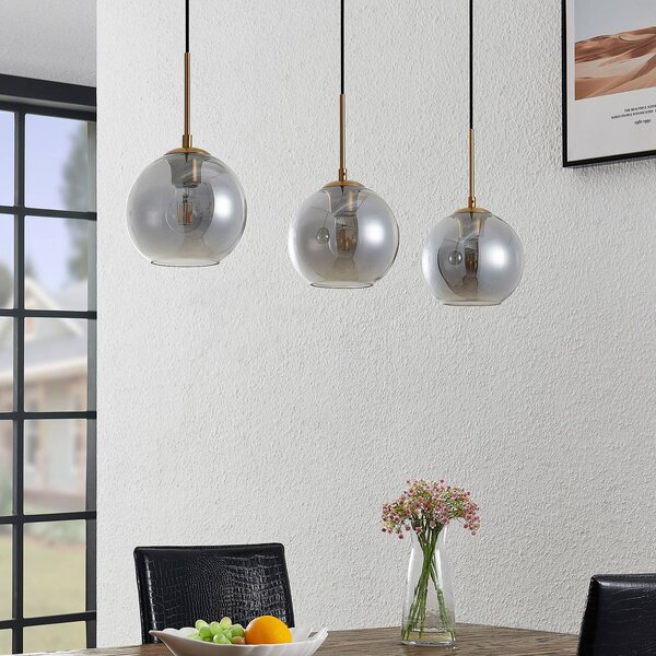 Lindby függőlámpa Hiwana, füstszürke, üveg, 3 lámpás, dimmelhető, Alu / szürke / cink, Nappali / Étkező, Üveg, Modern
