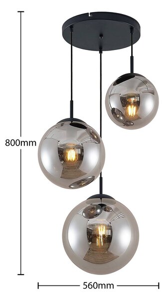 Lindby függőlámpa Teeja, füst, 3-lámpás, Ø52cm, üveg, E27, dimmelhető, Alu / szürke / cink, Nappali / Étkező, Üveg, Vintage