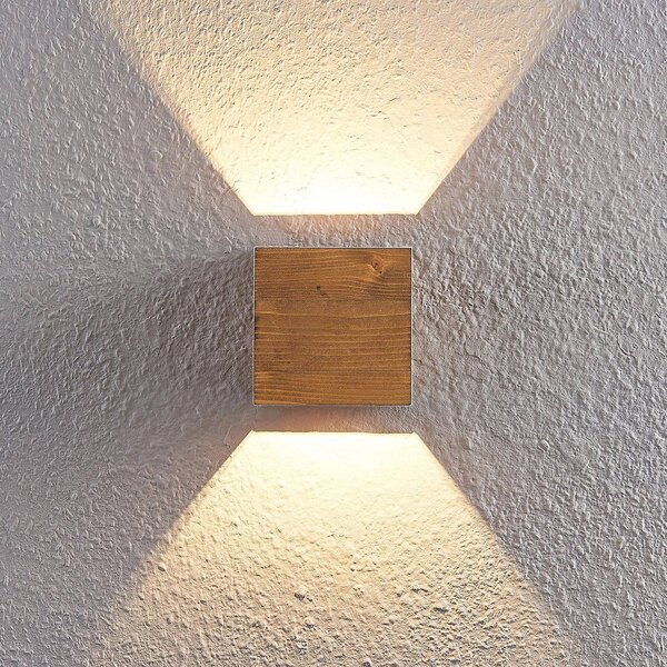 Lindby LED fali lámpa Benicio, 11 cm, szögletes, fa, Világos fa, Nappali / Étkező, Fa, Skandináv