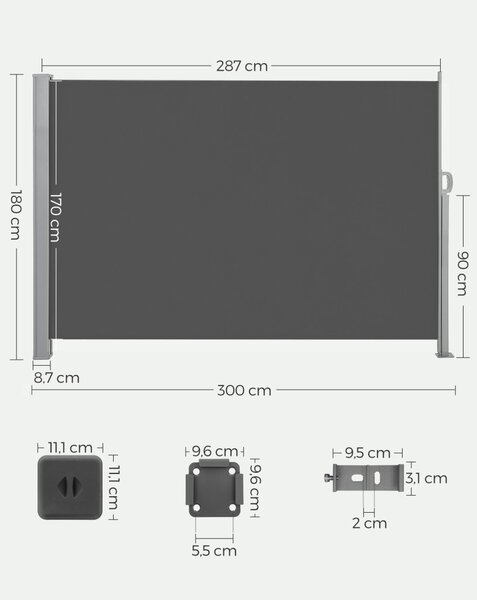 Oldalsó terasznapellenző, belátásgátló, szürke, 220 g/m² 180 x 300 cm