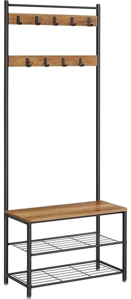 Előszoba fogas polccal, akasztókkal, cipőtartóval és ülőkével, rusztikus dió 70x32x175cm