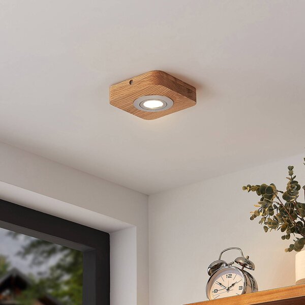 Lindby LED mennyezeti lámpa Mikari, 14 cm, fa, forgatható, Világos fa, Nappali / Étkező, Fa, Modern