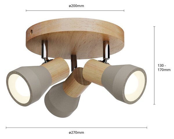 Lindby Filiz spotlámpa, 3-lámpás, Ø 20 cm, fa, beton, E14, dimmelhető, Alu / szürke / cink, Hálószoba, Beton, Skandináv