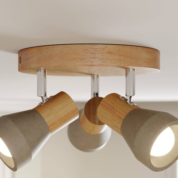 Lindby Filiz spotlámpa, 3-lámpás, Ø 20 cm, fa, beton, E14, dimmelhető, Alu / szürke / cink, Hálószoba, Beton, Skandináv