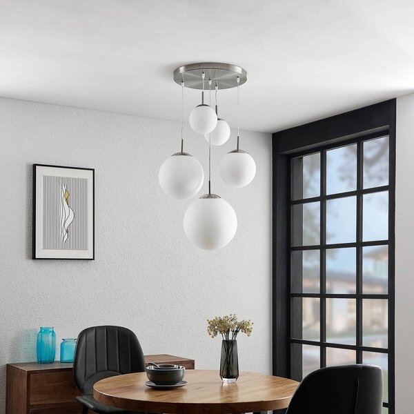 Lindby függőlámpa Heleska, fehér, üveg, 5 lámpás, Ø 50 cm, dimmelhető, Alu / szürke / cink, Nappali / Étkező, fém, Modern