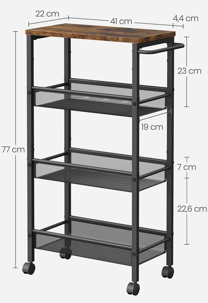4 szintes kocsitálca, helytakarékos gurulós konyhakocsi, 22 cm mély, barna és fekete színben