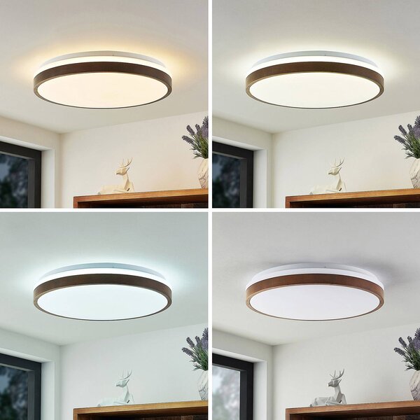 Lindby Hudsona LED mennyezeti világítás, Ø 49 cm, fa, barna, dimmelhető, Sötét fa, Nappali / Étkező, Fa, Modern