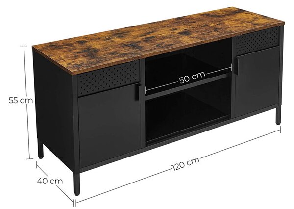 TV szekrény, 2 ajtóval, polcokkal, rusztikus barna és fekete 120x40x55cm