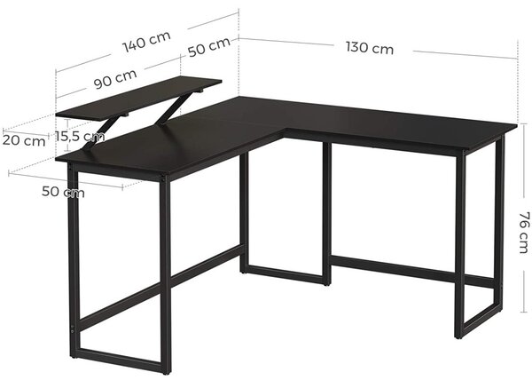 Sarok íróasztal monitor állvánnyal, fekete 140x130x92cm