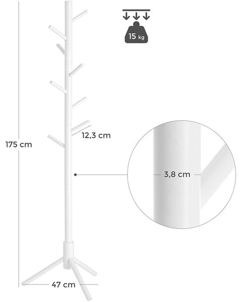 Álló ruhafogas fa 8 akasztóval, fehér