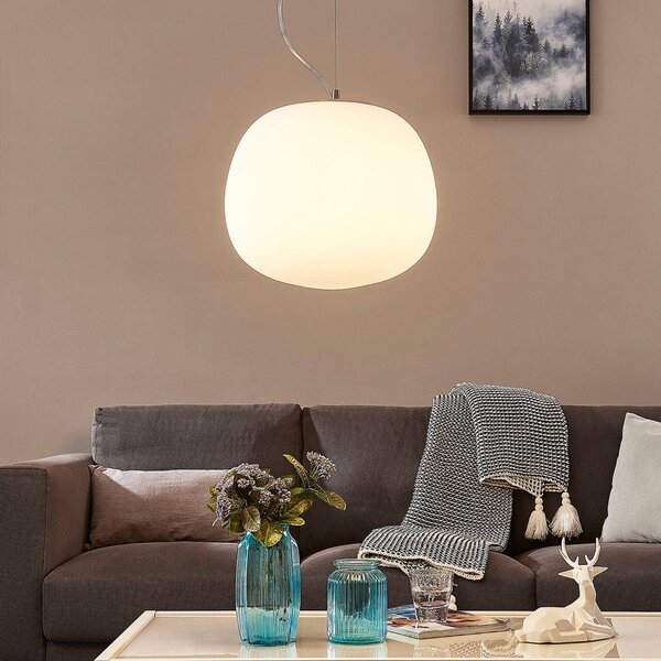 Lindby függőlámpa Ginevra, Ø 38 cm, fehér, üveg, E27, dimmelhető, Fehér / opál, Konyha, Üveg, Modern