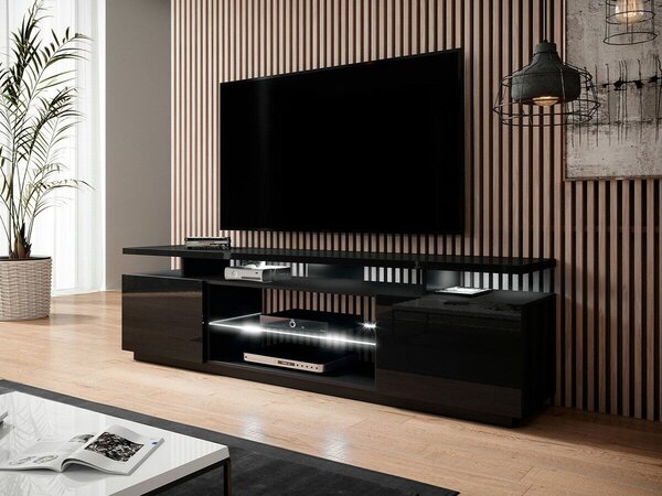 TV-állvány Figura, Közepes sűrűségű farostlemez, Laminált forgácslap, 56x180x40cm, Fekete, Fényes fekete