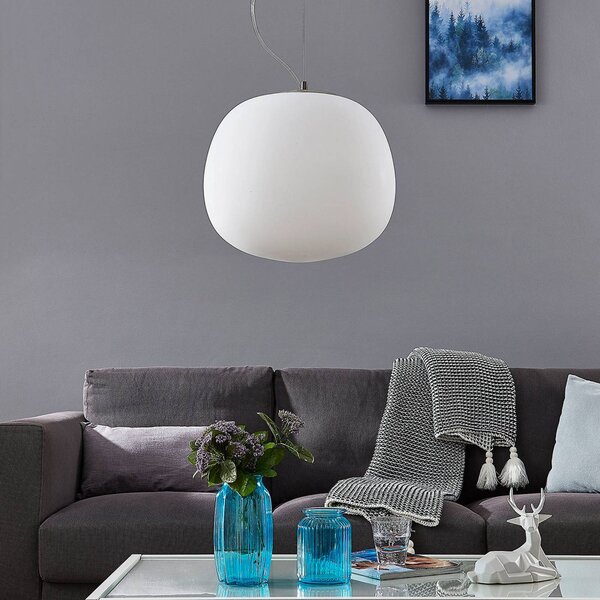 Lindby függőlámpa Ginevra, Ø 38 cm, fehér, üveg, E27, dimmelhető, Fehér / opál, Konyha, Üveg, Modern