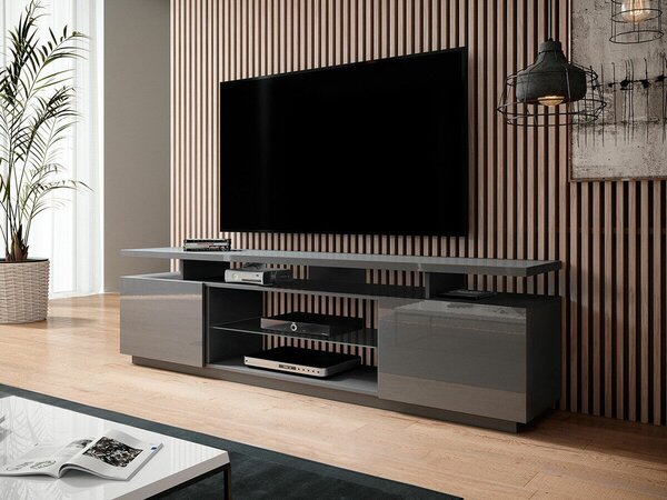 TV-állvány Figura, Közepes sűrűségű farostlemez, Laminált forgácslap, 56x180x40cm, Szürke, Fényes szürke