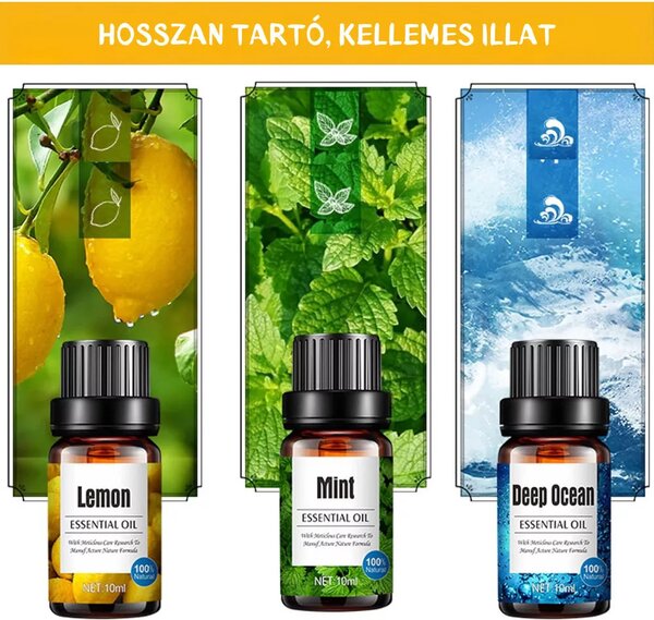 Repedezett és fehér fa mintázatú ultrahangos aroma diffúzor és Pulaiyi 6 részes illóolaj szett