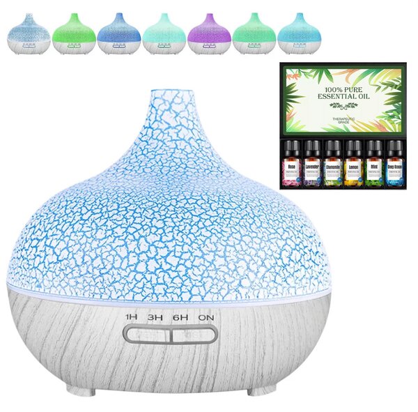 Repedezett és fehér fa mintázatú ultrahangos aroma diffúzor és Pulaiyi 6 részes illóolaj szett